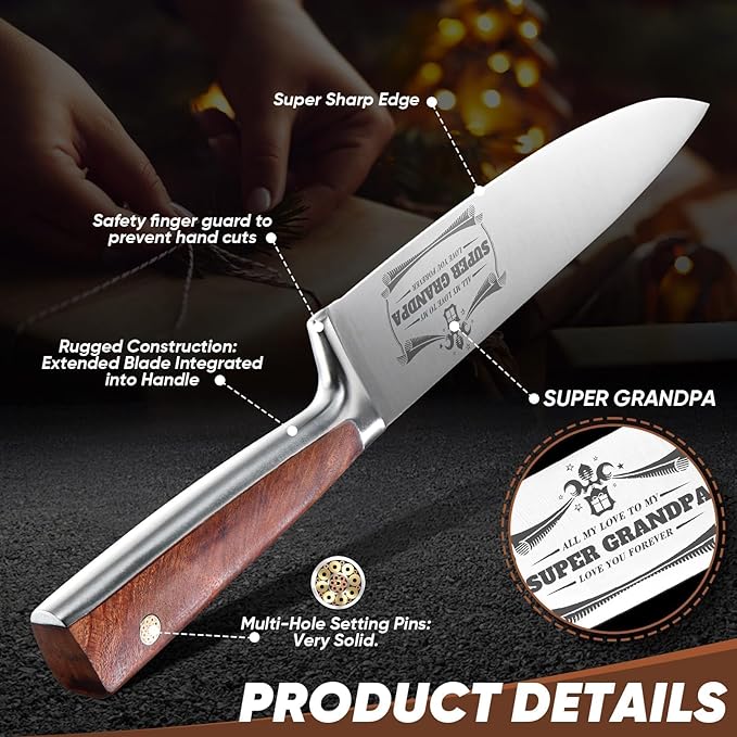 Huusk Birthday Gifts for Grandpa - Premium 8” Chef knife with Ergonomic Handle, Engraved SUPER GRANDPA Birthday Gift for Grandpa, Kitchen Cooking Knife with Gift Box Christmas Gift for Men and Women