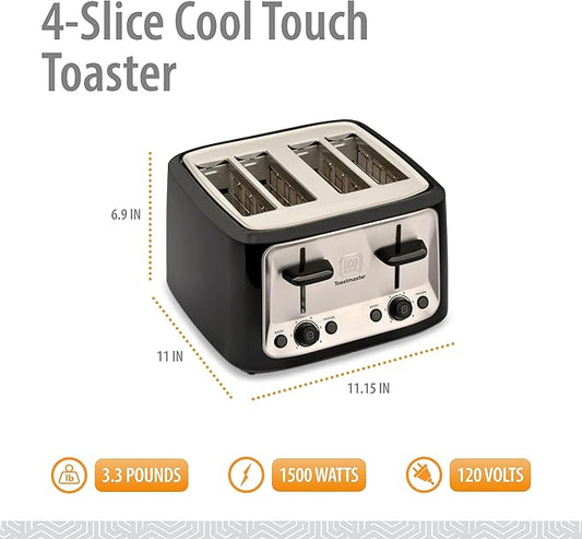 Toastmaster 4-Slice Toaster - Black with Stainless Steel - Multi-Function Toaster with Adjustable Browning Controls - For Sandwich Toasting, Breakfast Bread & More