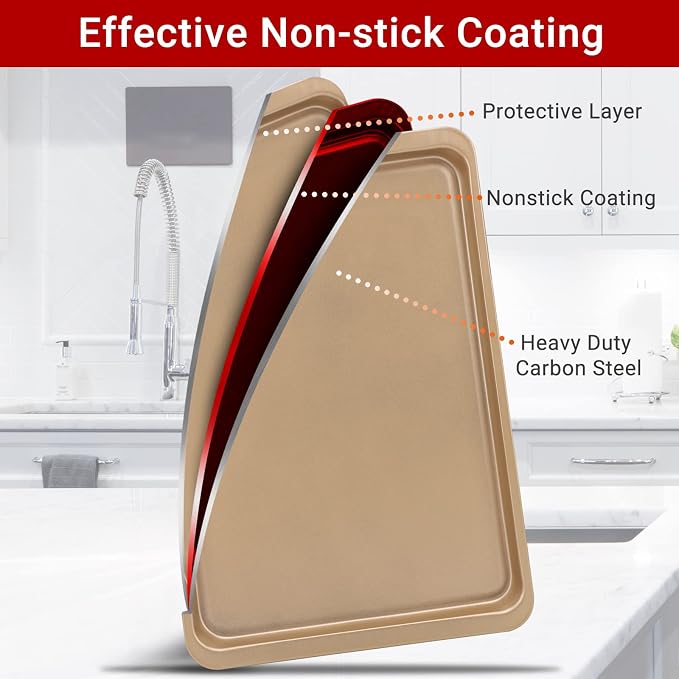 Beasea Cookie Sheet Nonstick Set of 2, Beasea 10 x 14.6 Inch Carbon Steel Baking Sheets Pan Toaster Oven Baking Pans Baking Tray Rimmed Baking Pan - Gold