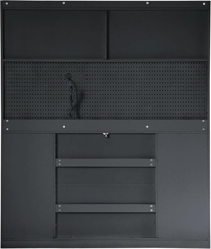 VilroCaz Freestanding Large Kitchen Pantry, Wooden Kitchen Large Coffee Bar Storage Cabinet with 6 Drawers, 5 Cabinets with Adjustable Shelves, Pegboard, Towel Rack, Power Outlet (Black-po)