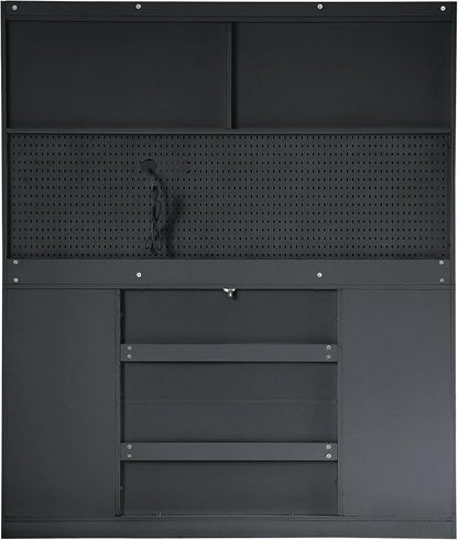 VilroCaz Freestanding Large Kitchen Pantry, Wooden Kitchen Large Coffee Bar Storage Cabinet with 6 Drawers, 5 Cabinets with Adjustable Shelves, Pegboard, Towel Rack, Power Outlet (Black-po)