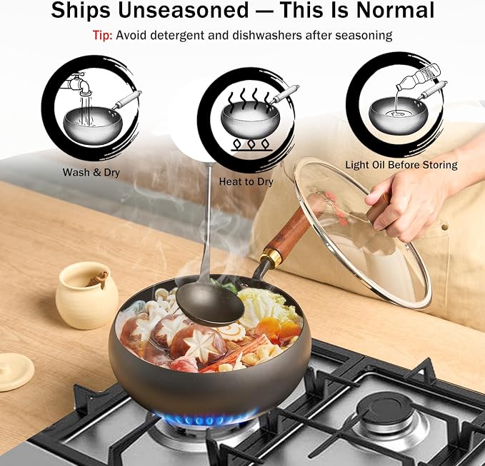WANGYUANJI Carbon Steel Wok Pan Flat Bottom Iron Stir Fry Pan Induction Cookware 9.5 Inch Uncoated Small Traditional Skillet with Lid