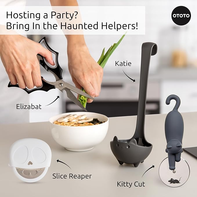 NEW - OTOTO Slice Reaper Pizza Cutter Wheel - Funny Gifts, Grim Reaper Halloween Gifts Cute Kitchen Accessories, Pizza Slicer with Cover, Kitchen Gothic Spooky Gifts, Stainless Steel Handheld (Skull)