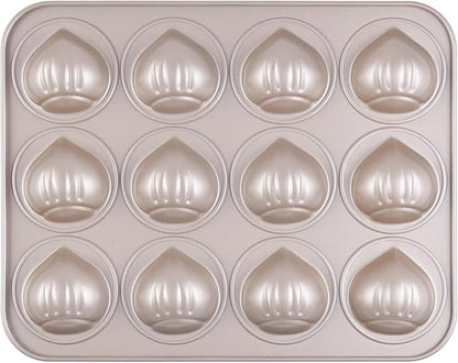 Muffin Cake Pan, Non-Stick 12-Cavity Chestnut-Shaped Bakeware for Oven Baking (Champagne Gold)