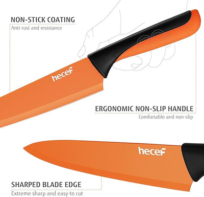 hecef 14 Pieces Kitchen Knife Set with Built-in Sharpening Wooden Block, Dishwasher Safe, High Carbon Stainless Steel Knife Block Set with Steak Knives, Kitchen Scissors (Orange)