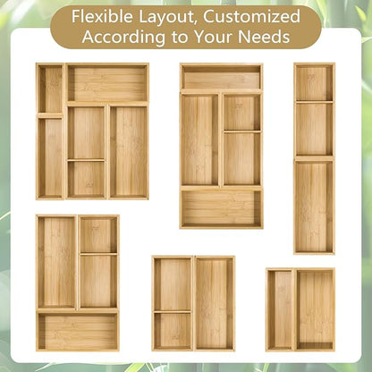 5 Pack Bamboo Drawer Organizer Set, Multi-Use Junk Drawer Organizer for Bathroom, Kitchen, Office, Jewelry, Makeup