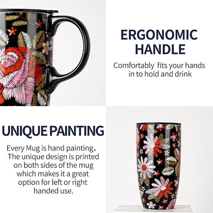 Topadorn 17oz Ceramic Travel Mug with Lid and Handle, Black Floral Coffee Cup, Embroidered Rose Style Mug, Microwave & Dishwasher Safe, Gift Box Included