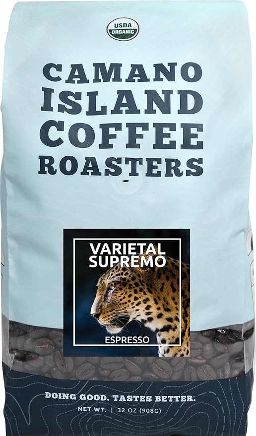 Camano Island Coffee Roasters Varietal Supremo Espresso Blend, Ground 2lb, Fresh Dark Roast, USDA Organic, Fairly Traded, Shade Grown Arabica, Chocolate, Caramel, Hint of Spice Flavor Profile
