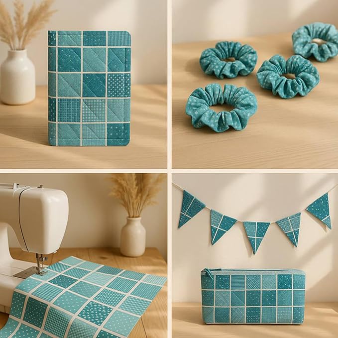 Cotton Satin Patchwork Fabric Panel – 35 Designs, 20×20 cm Squares, Single Piece 150×110 cm, Green Patchwork Quilt Fabric (Turquoise Waves Patchwork Set, 35pcs 8x8 inch)