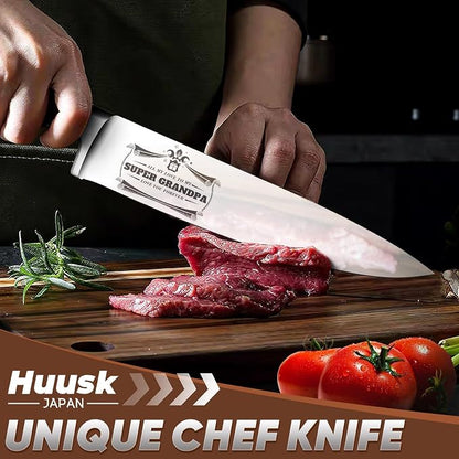 Huusk Birthday Gifts for Grandpa - Premium 8” Chef knife with Ergonomic Handle, Engraved SUPER GRANDPA Birthday Gift for Grandpa, Kitchen Cooking Knife with Gift Box Christmas Gift for Men and Women