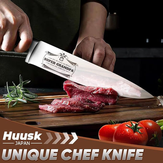 Huusk Birthday Gifts for Grandpa - Premium 8” Chef knife with Ergonomic Handle, Engraved SUPER GRANDPA Birthday Gift for Grandpa, Kitchen Cooking Knife with Gift Box Christmas Gift for Men and Women