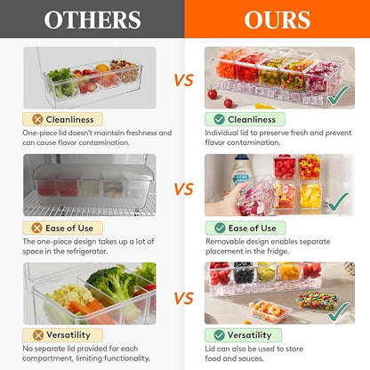 Lifewit 4 Pcs Ice Chilled Condiment Caddy with 5x20 oz Containers, Condiment Server with Separate Lid, Serving Tray Platter with Removable Dishes for Bar Fruit Salad Taco Party Garnish, 39 x13cm/15x5