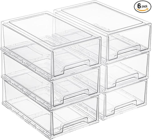 Clear Acrylic Stackable Storage Drawers, Plastic Refrigerator Organizer Bins with Handles for Undersink, Cabinet, Fridge, Closet, Pantry, Office, Bathroom, Kitchen(6 Pack)