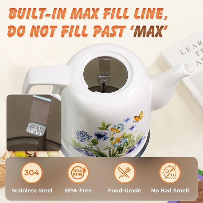 Ceramic Electric Kettle, 1.2L/1000W Boil Water Quickly and Easily,Boil-Dry Protection,Auto Shut Off, Detachable Swivel Base,Hot water kettle for Coffee & Tea