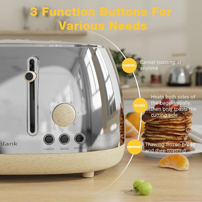 Anfilank Toaster 4 Slice,Retro Stainless Steel Toaster with Extra Wide Slots, Dual Independent Control Panel, Cancel, Bagel, Defrost Function, Removable Crumb Tray (Silver)