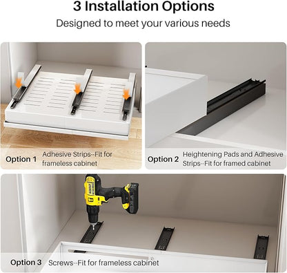 Pull out Cabinet Organizer, 2-Pack Expandable(13.6"-24") Silde out Drawers with Raising Pad for Framed Cabinets, Adjustable Full-Extension Adhesive Roll out Shelves for Kitchen Pantry Home Pot and Pan