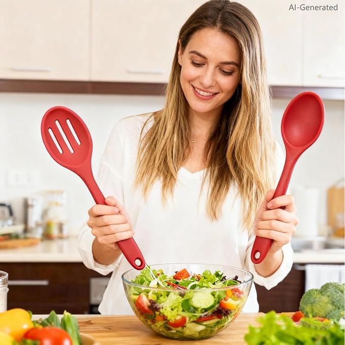 Silicone Cooking Spoons Set of 2,10.6 inch Non Scratch Solid and Slotted Spatula Spoons for Baking, Cooking, Serving, Dishwasher Safe, Heat Resistant Kitchen Utensils (Red)