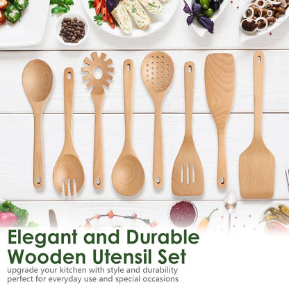 HOWHONG Wooden Spoons for Cooking, Beech Wood Kitchen Utensil Set, Premium Handmade Wooden Cooking Utensils for Nonstick Cookware, Heat Resistant, Smooth Finish, Comfortable Grip, 8 Piece