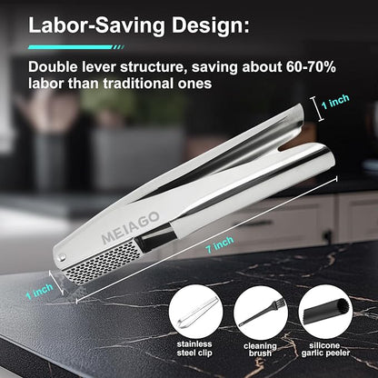 Garlic Press, Stainless Steel Garlic & Ginger Crusher, with Built-In Cleaner, Rust Resistant, No Peel, Large Capacity, Easy Clean，Dishwasher Safe，Silver