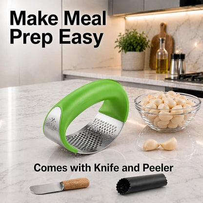 Zulay Kitchen Stainless Steel Garlic Press Rocker Set - Premium Garlic Mincer Garlic Crusher - New Innovative Garlic Crusher with Peeler and Scraper - Comfortable Grip (Green)