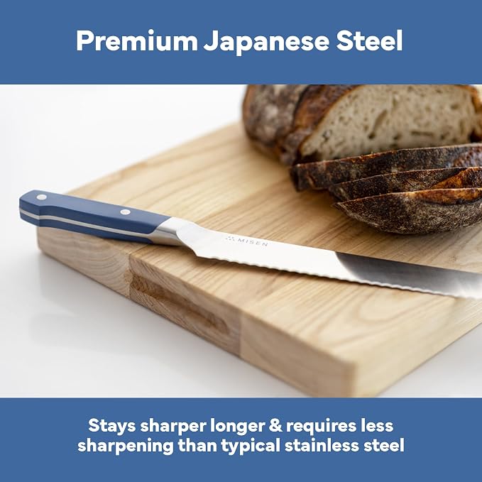 Misen Serrated Bread Knife - High-Carbon Japanese AUS8 Steel - Perfect for Soft Foods, Bread, Pastries, and Fruits - Verstatile Slicer, Razor-Sharp Edge, Durable Blade, Ergonomic Handle - 5", Blue
