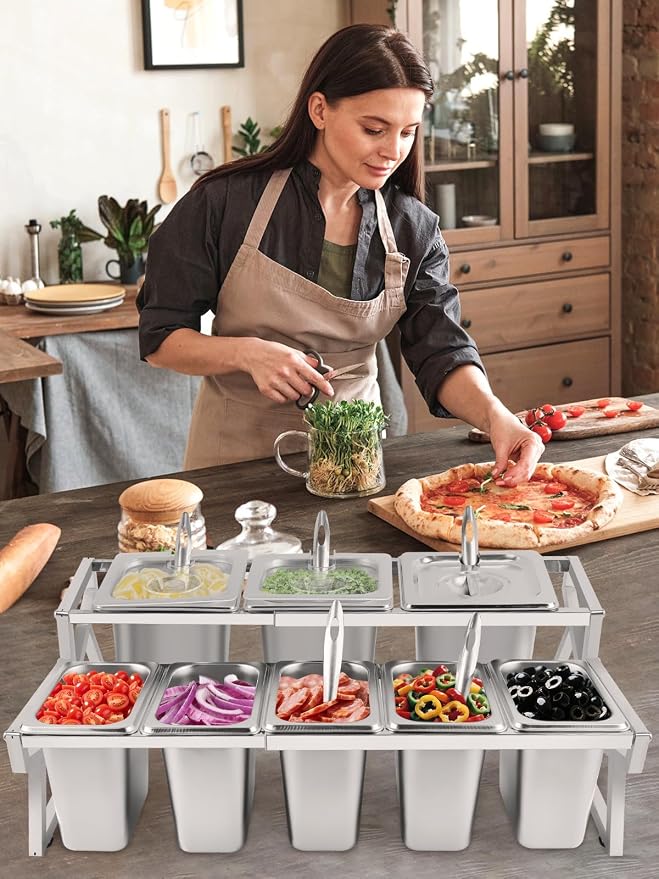 Pizza Topping Station 8 Pans Pizza Storage Container Topping containers with Lids Spoon Condiment Organizers Buffet Containers Set for Restaurant Pizza Sauce Jam Fruit Ingredient