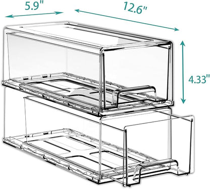 Pull Out Drawer Medicine Box for Safe Medication Storage, Large Refrigerator Storage Bin for Kitchen Food Safe, Tablet Box for Kids Home/Office Organize Ointments,2 Pack - Clear（ Medium）