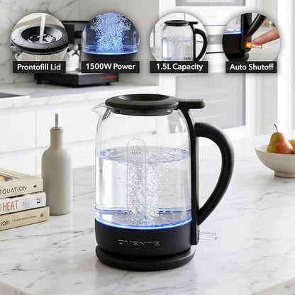 OVENTE Electric Kettle with 1.5L Borosilicate Glass, 1500W Fast Boiling Water Heater for Coffee or Tea, Easy to Fill Lid, Auto Shut-Off, Boil-Dry Protection & Stainless Steel Filter, Black KG516B