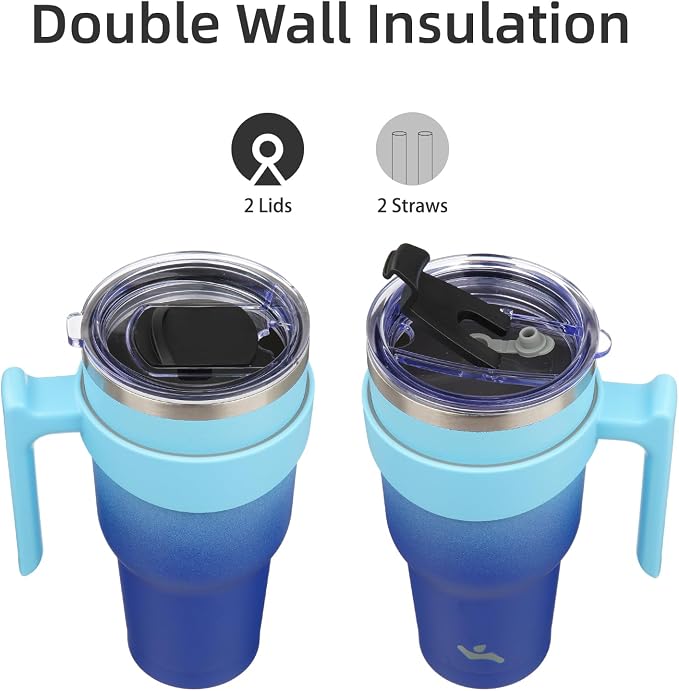 Konokyo 40 oz Tumbler with Handle and 2 Straw 2 Lid, Insulated Water Bottle Stainless Steel Vacuum Cup Reusable Travel Mug,Sky