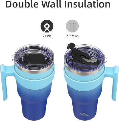 Konokyo 40 oz Tumbler with Handle and 2 Straw 2 Lid, Insulated Water Bottle Stainless Steel Vacuum Cup Reusable Travel Mug,Sky