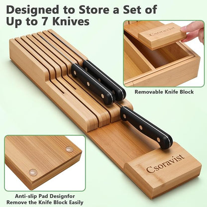 9-Piece Bamboo Kitchen Drawer Organizer Set, Expandable Silverware &Utensil Organizer with Removable Knife Block & Steak Knives, Flatware Organization, Tableware Dividers Storage(Natural)