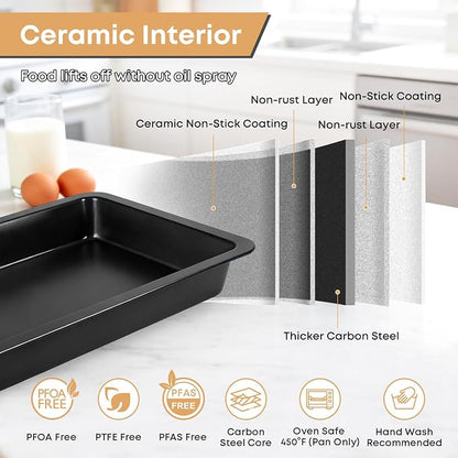 Black Sheet Cake Pan with Lid, 2-Pack 15"×10"×2" Deep Jelly Roll Pan, Nonstick Ceramic Coating, PFOA & PTFE Free, Oven Safe 450°F, for Texas Sheet Cake, Brownies, Potluck