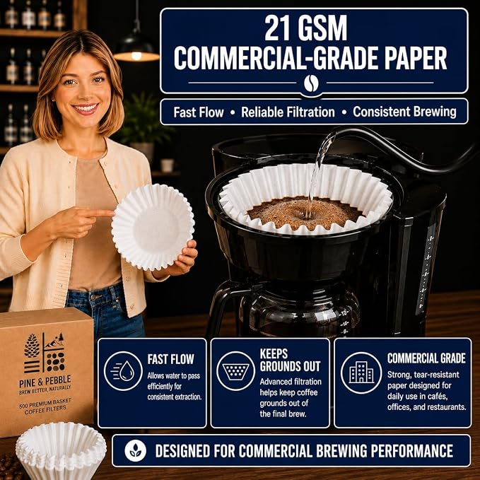 Pine & Pebble® 12-Cup Large Commercial Coffee Filters, 500 Count | Tall-Walled Basket Style (9.84" x 4.33") | No Grounds, No Mess | Fits BUNN & Standard Coffee Makers | Bulk for Cafés & Offices