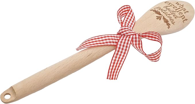 Jane Austen Wooden Spoon with Red Gift Bow – Pride and Prejudice Quote “What Excellent Boiled Potatoes” – Funny Literary Kitchen Utensil & Gift for Book Lovers