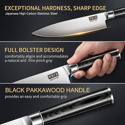 MDHAND Kitchen Knife Set, 3 Pieces Ultra Sharp Japanese Knife Set, High Carbon Stainless Steel Professional Chef Knives Set with Black Pakkawood Handle for Home Cooking, Dishwasher Safe