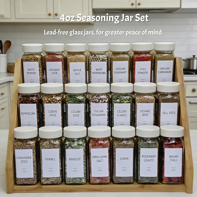 Spice Jars with Labels - 24 Glass Spice with Shaker Lids & Airtight Plastic Caps - 4oz Complete Seasoning Containers Organizer Set for Cabinet, Drawer & Rack (Beige)