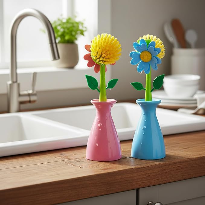 Long Handle Vegetable and Fruit Brush, Florganic Dish Brush with Vase, Long Handle Dish Brush Kitchen, for Cleaning Pot Pan Sink Kitchen Supplies Decorative Vase (2 Pcs Blue, Pink)