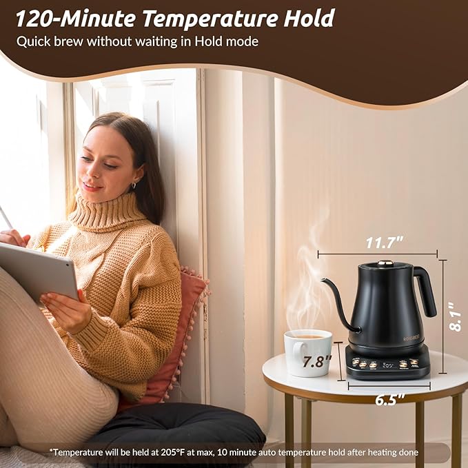 RONGBEST Electric Gooseneck Kettle 1L, 6 Temperature Control Presets, 1200W Quick Heating Water Pour Over Coffee & Tea Pot with Auto Shut-off & Keep-warm, Stainless Steel Inner & Lid, Matte Black