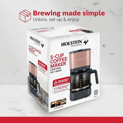 Holstein Housewares 5 Cup Coffee Maker – Compact Drip Coffee Machine with Auto Pause & Serve, Reusable Filter, Glass Carafe, Water Window & Warming Plate. Dark Grey & Rose Gold