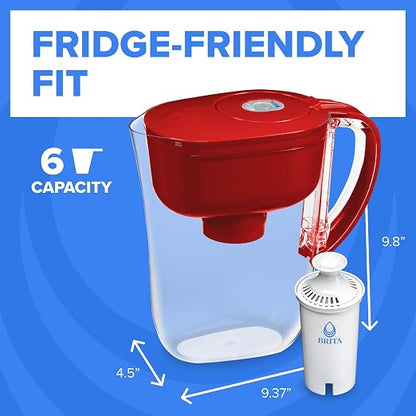Brita Metro Small 6-Cup Water Filter Pitcher, WQA NSF/ANSI Certified, Mini-Fridge Friendly, Removes Chlorine Taste & Odor, Reduces Zinc, Copper & Mercury, 1 Standard Filter, Lasts 2 Months, Red
