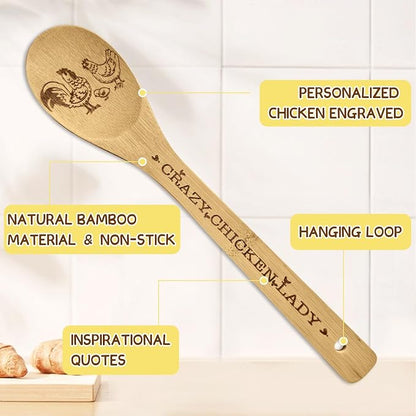 Chicken Gifts for Women, 6PCS Unique Chicken Print Bamboo Spoons Gifts Set with Keychain, Chicken Decor Kitchen Stuff for Mother's Day Sister