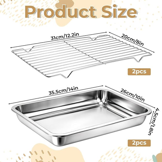 Quarter Baking Sheet Pan with Cooling Rack Set (2 Pans + 2 Racks), Stainless Steel Cookie Sheets Quarter Sheet Pan for Oven Baking, Warp Resistant & Nonstick, Size 14 x 10 x 1.8 Inch