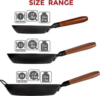 YOSUKATA 10 1/4" Carbon Steel Frying Pan – Non-Toxic Pre-Seasoned Skillet with Removable Wooden Handle – Coating-Free Wok-Style Pan for Gas, Induction, Electric, Oven & Grill BBQ
