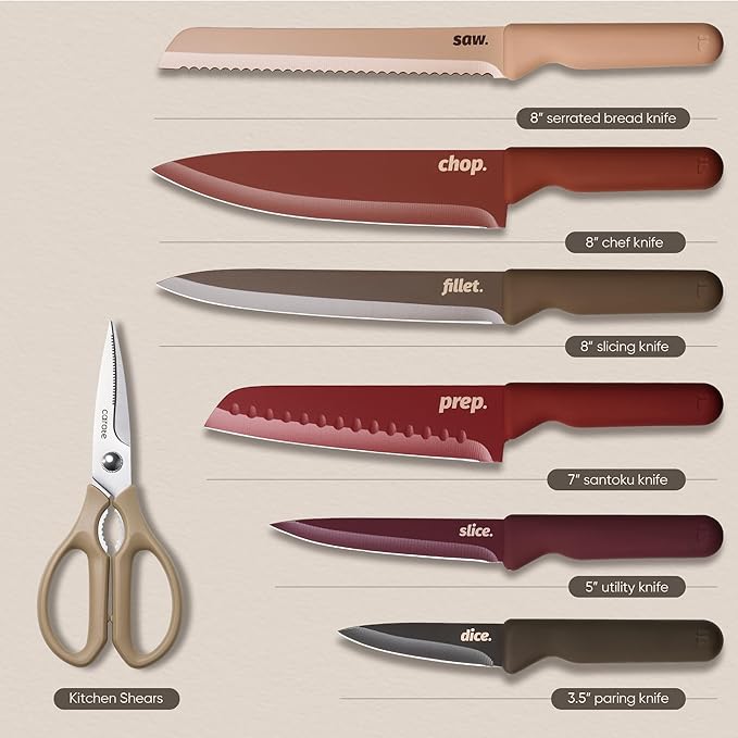 CAROTE Knife Set, 13 Pcs Kitchen Knife Set with Letter, 6 Stainless Steel Knives with Nonstick Ceramic Surface & Blade Guards, Kitchen Shears, Dishwasher Safe, Ergonomic Handles