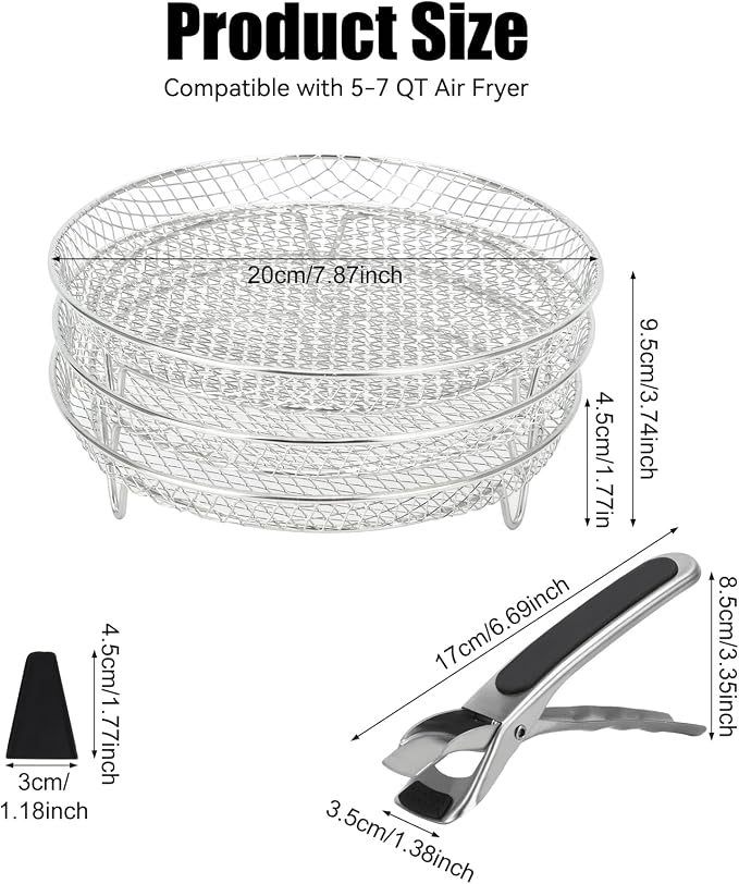 3pcs Round Air Fryer Racks, 8 inch Stainless Steel Stackable Air Fryer Basket Round Air Fryer Grill Rack with Silicone Feet & Clip Air Fryer Accessories for Air Fryer, Oven