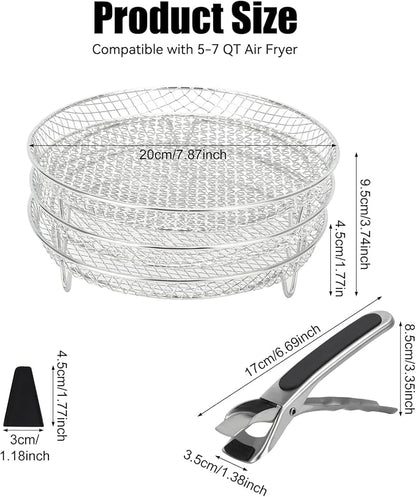 3pcs Round Air Fryer Racks, 8 inch Stainless Steel Stackable Air Fryer Basket Round Air Fryer Grill Rack with Silicone Feet & Clip Air Fryer Accessories for Air Fryer, Oven