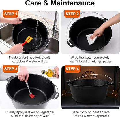 Pre-Seasoned Cast Iron 8QT Camp Dutch Oven with Lid, Large Camping Dutch Oven Pot, incl. Lid Lifter - Dual Handles - for Outdoor Campfire, Grill, Oven & Stovetop Cooking-Black