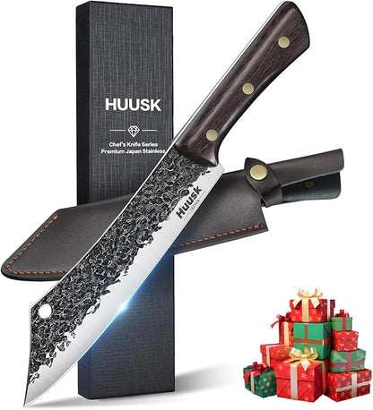 Huusk Butcher Knife 8 Inch, Hand Forged Meat Knife with Wood Full Tang Handle, Japanese Chef Knives with Box, Ideal Gift for Man and Women