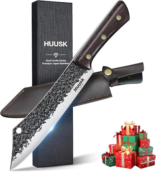 Huusk Butcher Knife 8 Inch, Hand Forged Meat Knife with Wood Full Tang Handle, Japanese Chef Knives with Box, Ideal Gift for Man and Women