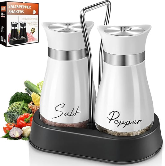 Salt and Pepper Shakers, Farmhouse Salt and Pepper Shakers Set with Holder, electroplated Handle, 4 oz Stainless Steel Glass Bottle Dispenser, for Table, RV, Camp, BBQ (White)